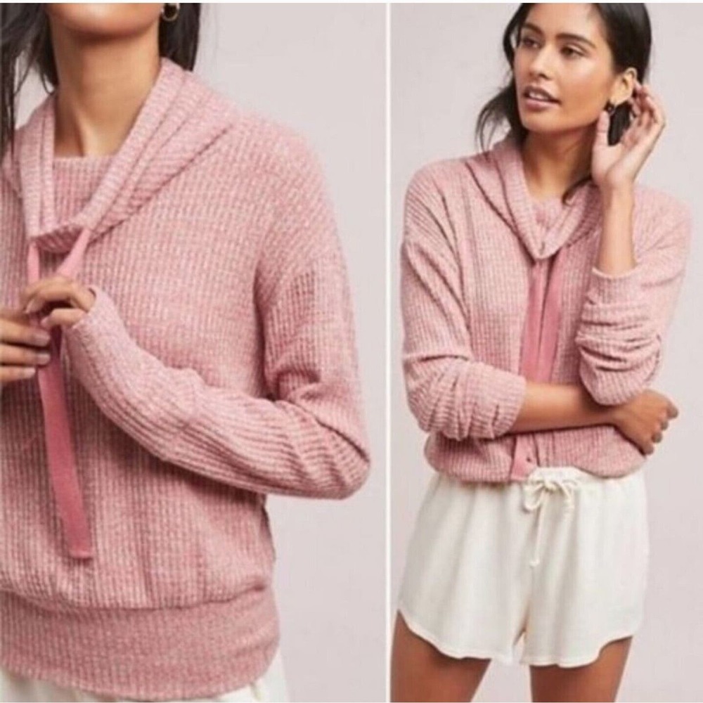 Anthropologie Saturday Sunday Pink Cowl Neck Waffle Knit Pullover Sweater Sz M